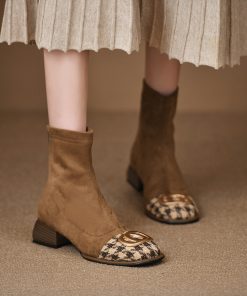 Square toe thick heel metal buckle thin boots for women in autumn and winter middle heel rear zipper short boots for thousands of bird color-blocking fashion boots