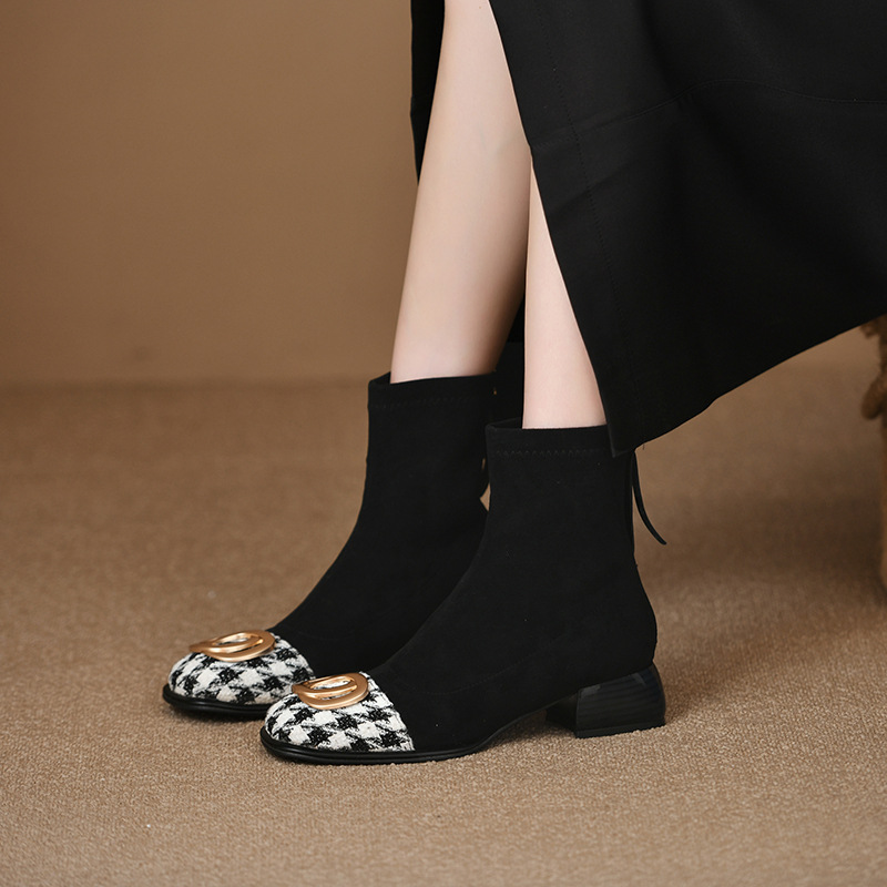 Square toe thick heel metal buckle thin boots for women in autumn and winter middle heel rear zipper short boots for thousands of bird color-blocking fashion boots - Image 2