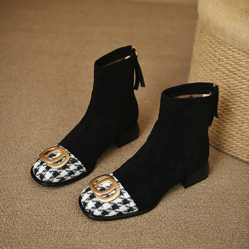 Square toe thick heel metal buckle thin boots for women in autumn and winter middle heel rear zipper short boots for thousands of bird color-blocking fashion boots - Image 3