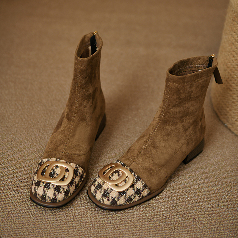 Square toe thick heel metal buckle thin boots for women in autumn and winter middle heel rear zipper short boots for thousands of bird color-blocking fashion boots - Image 4