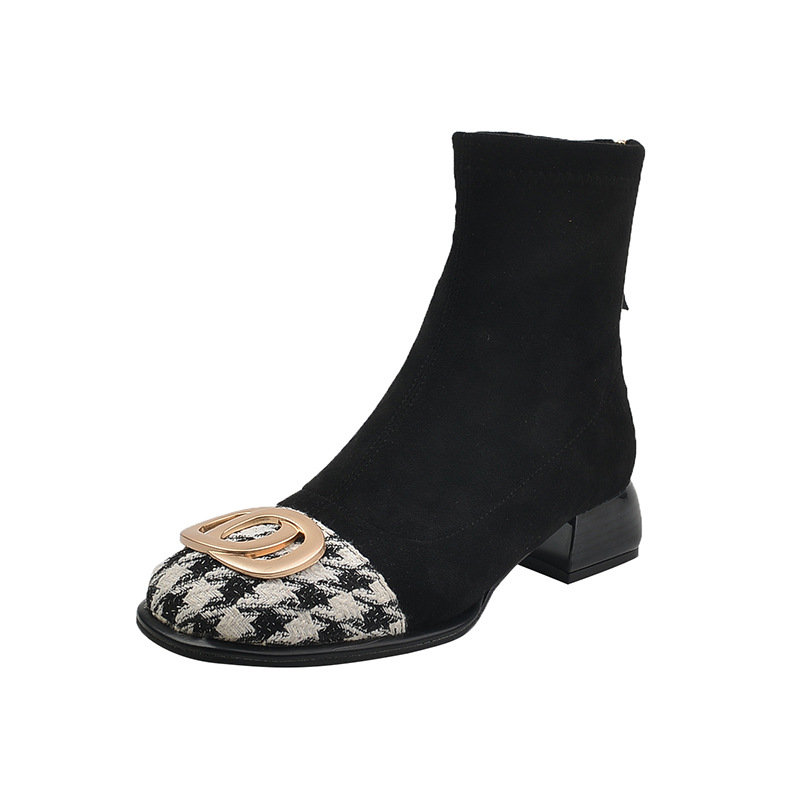 Square toe thick heel metal buckle thin boots for women in autumn and winter middle heel rear zipper short boots for thousands of bird color-blocking fashion boots - Image 8