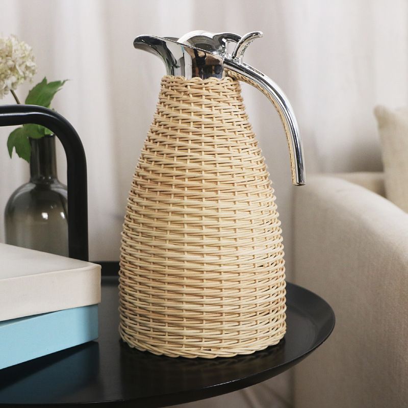 Rattan woven stainless steel vacuum insulation pot water bottle hand-woven European coffee pot water bottle home use - Image 15