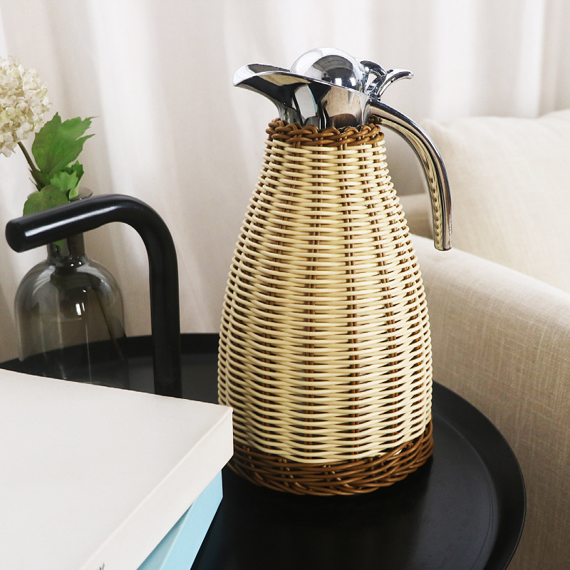 Rattan woven stainless steel vacuum insulation pot water bottle hand-woven European coffee pot water bottle home use - Image 18