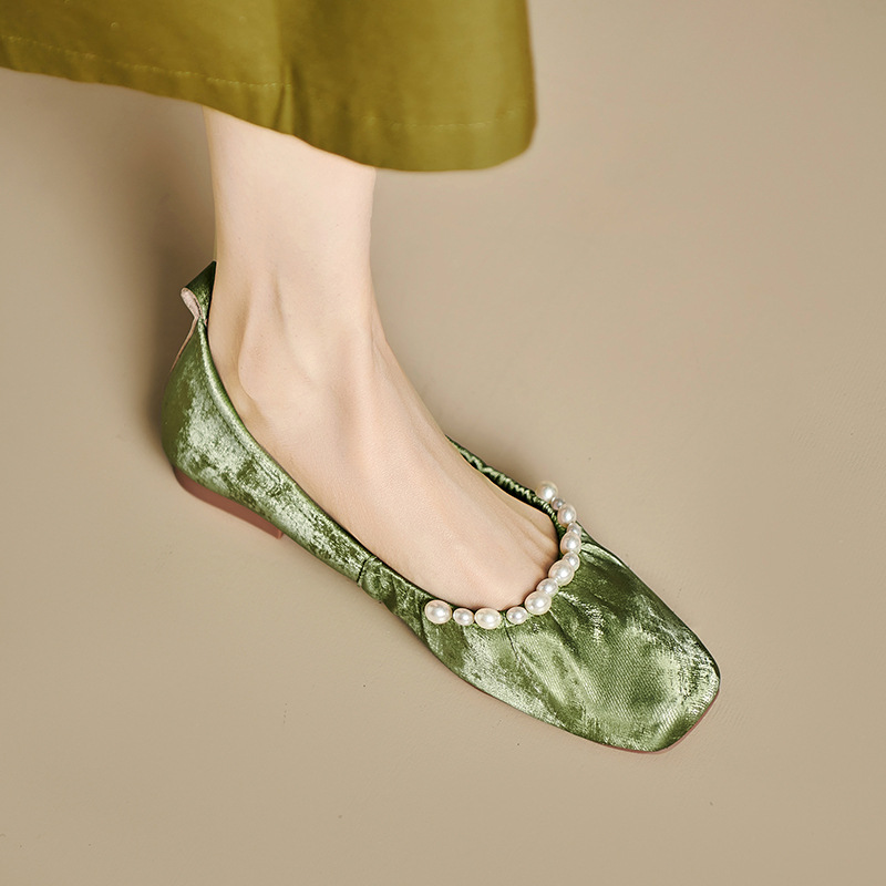 Wanziwei is super soft~~Sweet pearl flat ballet single shoes for women's new Chinese style soft sole beanie shoes - Image 2