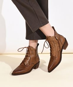 Retro French pointed-toe short boots for women's middle heel lace-up Martin boots for autumn and winter women's boots thick heel soft leather ankle boots