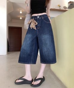 Real shot~ American wide-leg 7-cropped jeans for women in summer high waist slimming loose versatile medium pants