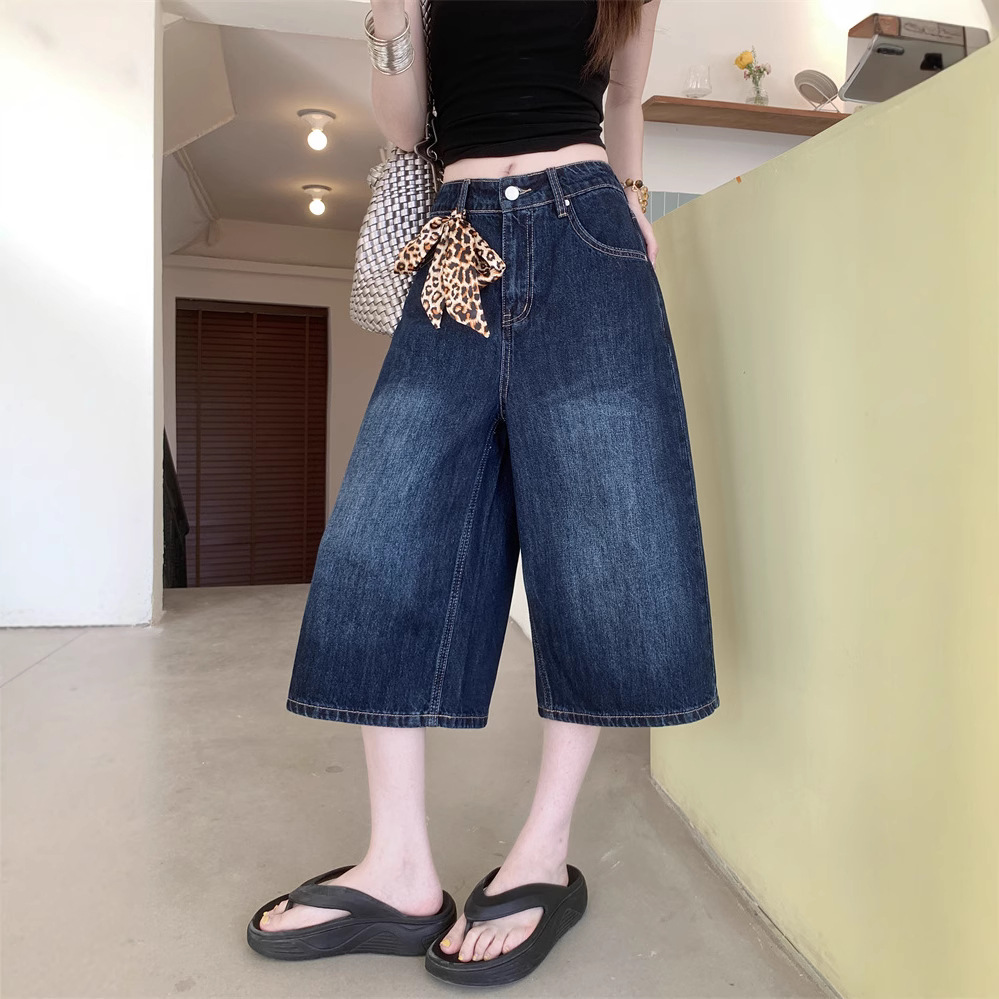 Real shot~ American wide-leg 7-cropped jeans for women in summer high waist slimming loose versatile medium pants