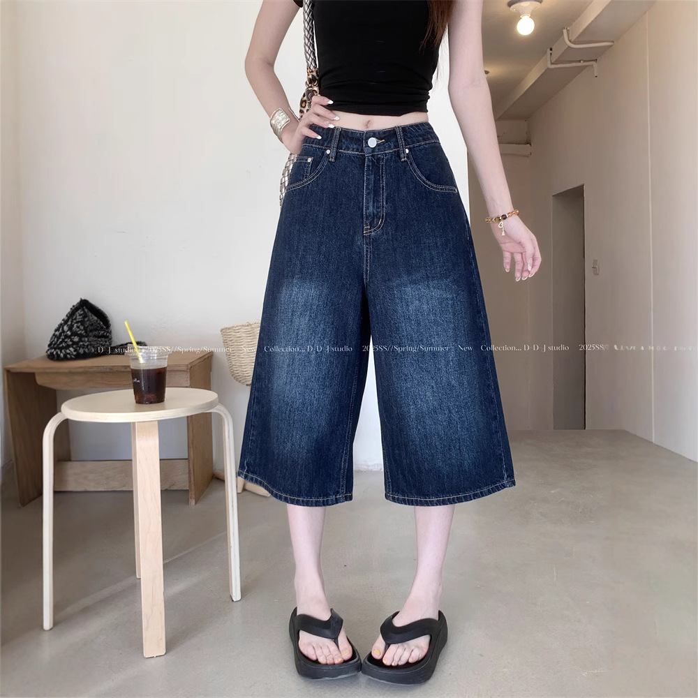 Real shot~ American wide-leg 7-cropped jeans for women in summer high waist slimming loose versatile medium pants - Image 2
