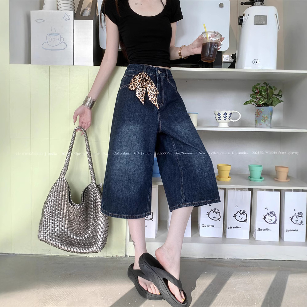 Real shot~ American wide-leg 7-cropped jeans for women in summer high waist slimming loose versatile medium pants - Image 3