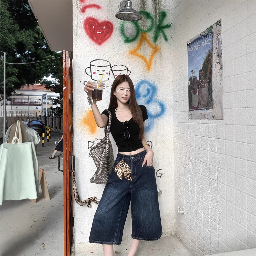 Real shot~ American wide-leg 7-cropped jeans for women in summer high waist slimming loose versatile medium pants - Image 4