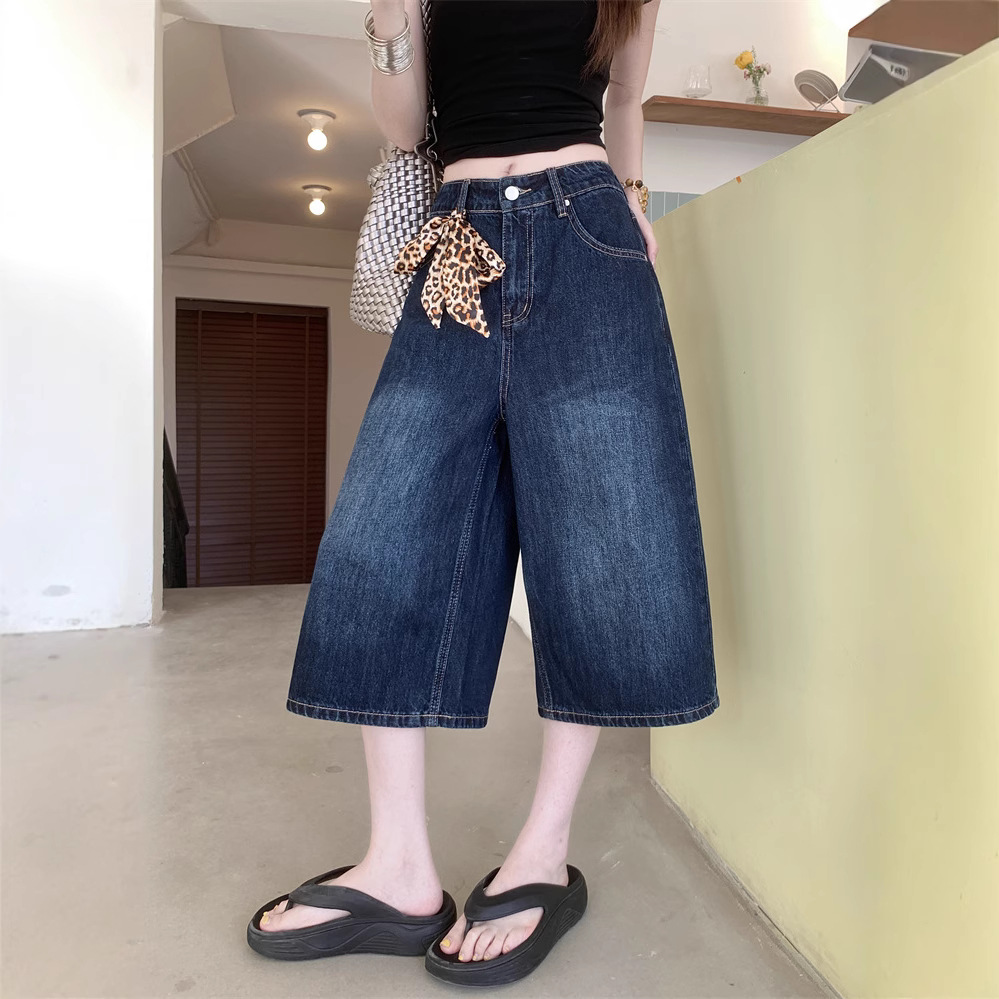 Real shot~ American wide-leg 7-cropped jeans for women in summer high waist slimming loose versatile medium pants - Image 5