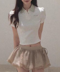 / "Sunset to the sun" New color broken diamond waist-closed collar short-sleeved shirt stretch-piece top