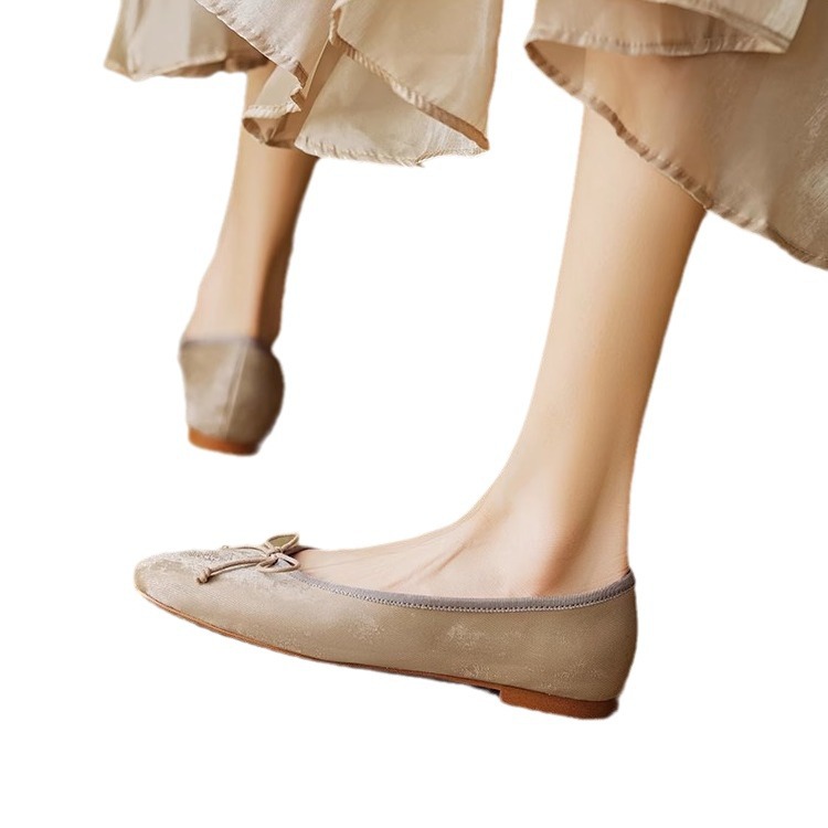 New Chinese style soft leather flat-sole single shoes for women in spring and summer bow soft leather beans shoes egg roll shoes - Image 5