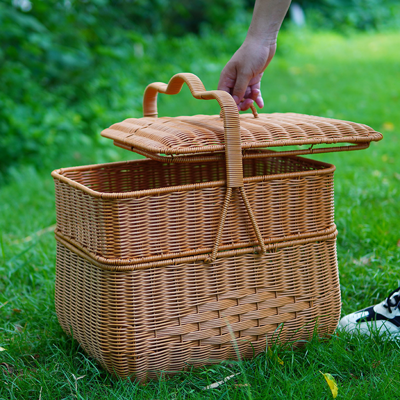 Imitation rattan house cargo basket double-layer worship basket outdoor rectangular picnic basket with cover wedding ceremony gift basket woven basket - Image 6