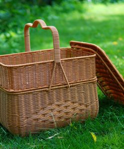 Imitation rattan house cargo basket double-layer worship basket outdoor rectangular picnic basket with cover wedding ceremony gift basket woven basket