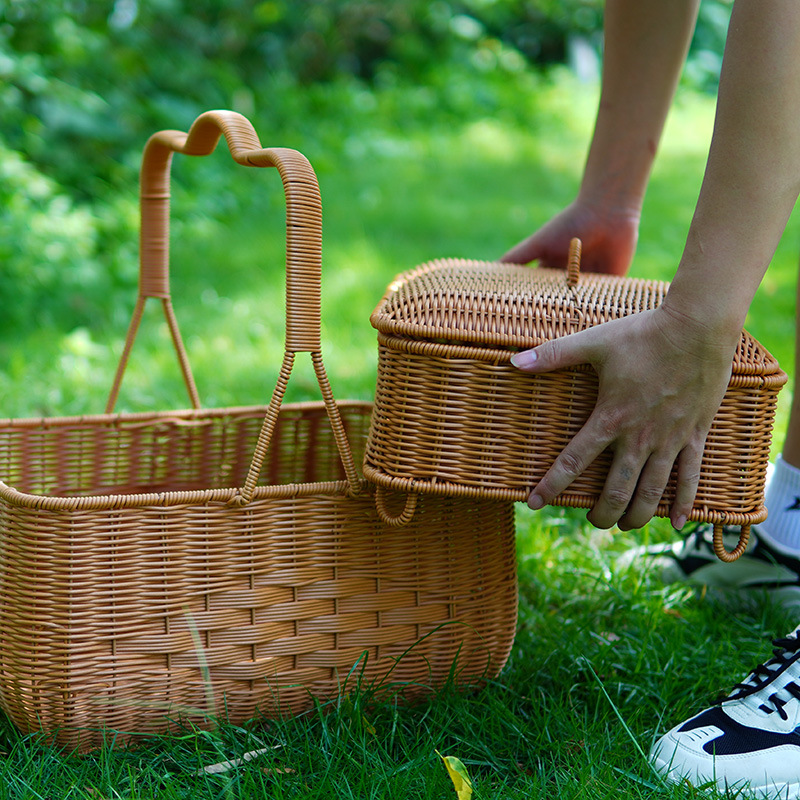 Imitation rattan house cargo basket double-layer worship basket outdoor rectangular picnic basket with cover wedding ceremony gift basket woven basket - Image 2