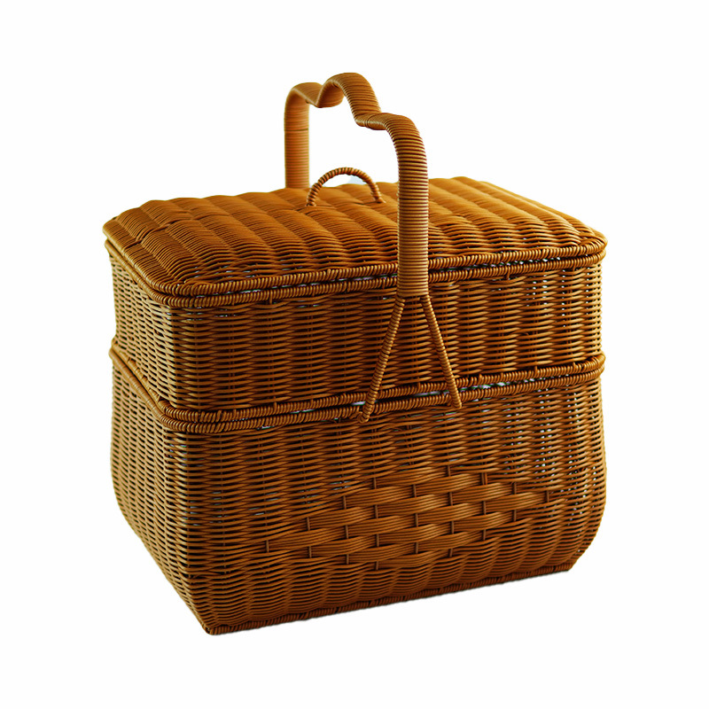 Imitation rattan house cargo basket double-layer worship basket outdoor rectangular picnic basket with cover wedding ceremony gift basket woven basket - Image 3