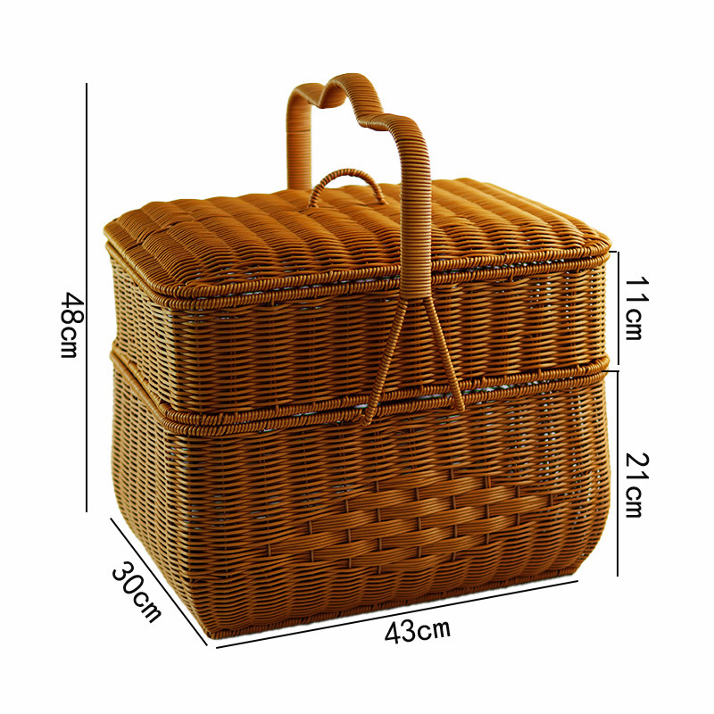 Imitation rattan house cargo basket double-layer worship basket outdoor rectangular picnic basket with cover wedding ceremony gift basket woven basket - Image 7
