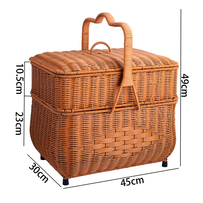 Imitation rattan house cargo basket double-layer worship basket outdoor rectangular picnic basket with cover wedding ceremony gift basket woven basket - Image 8