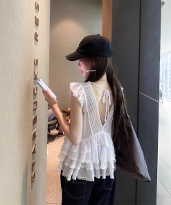 Real photo of pure white ruffled lace shirt for women's summer design niche slim fit slim top