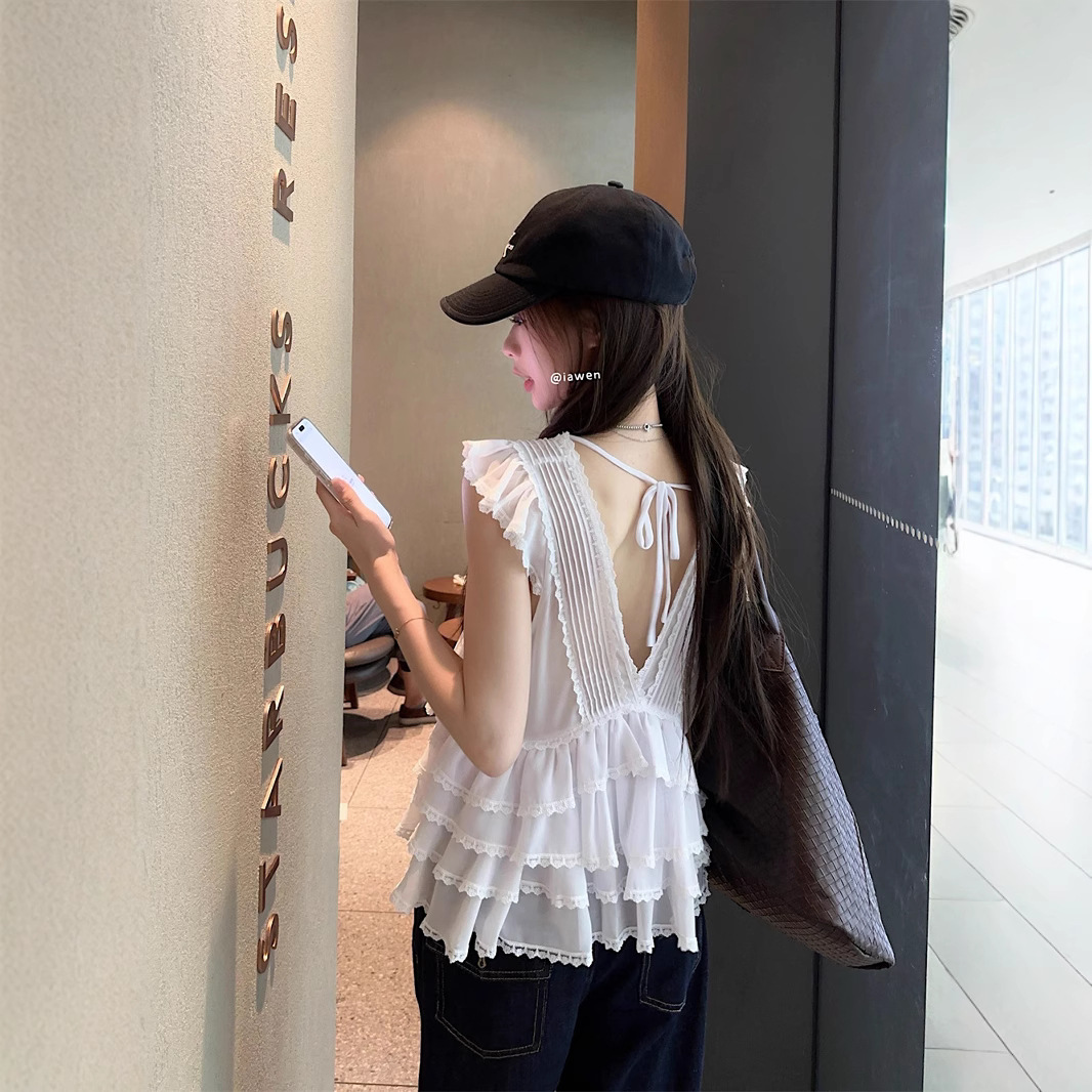 Real photo of pure white ruffled lace shirt for women's summer design niche slim fit slim top