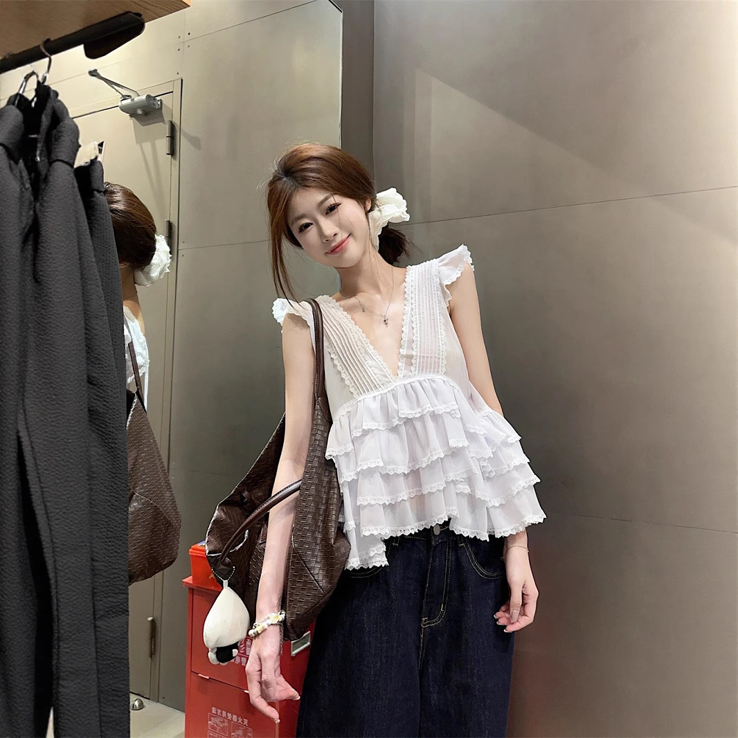 Real photo of pure white ruffled lace shirt for women's summer design niche slim fit slim top - Image 3