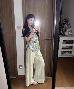 Real photo of imitation of Tennis linen casual sleeveless top Korean cold floral shirt suspender + niche embroidered floor pants