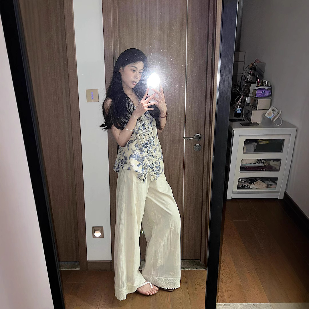 Real photo of imitation of Tennis linen casual sleeveless top Korean cold floral shirt suspender + niche embroidered floor pants - Image 5