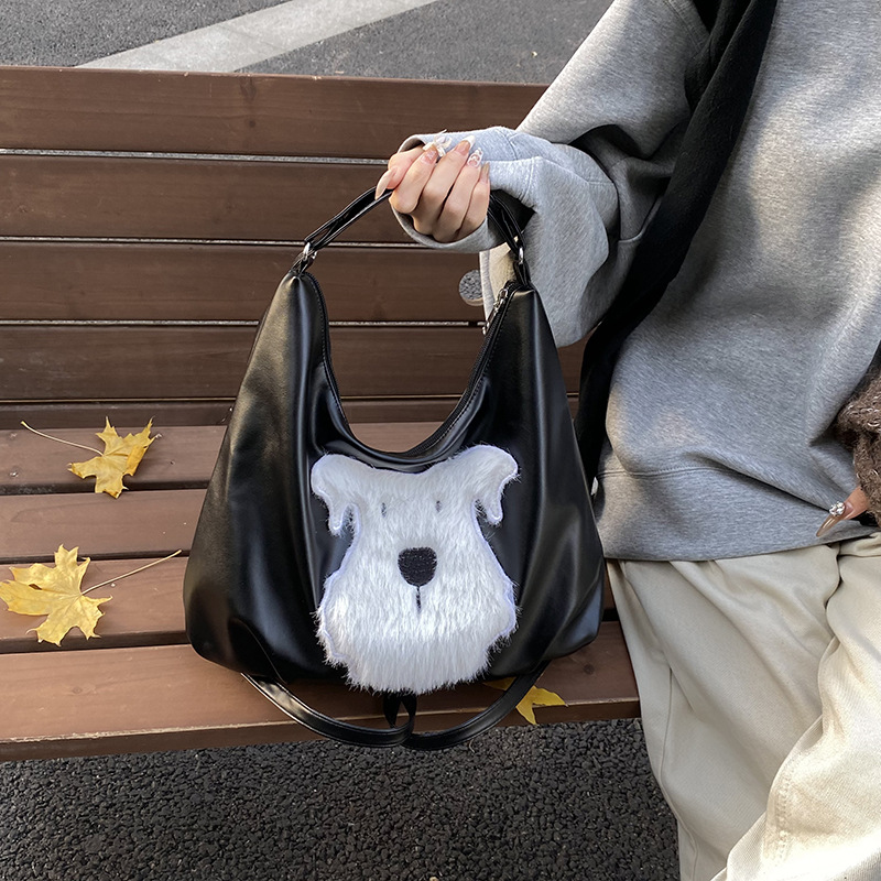 This year's popular bags with large capacity soft leather women's handbag plush bear shoulder bag tote bag women's bag - Image 3