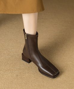 Thick heel square-headed Martin short boots for women in English style spring and autumn simple thin and naked single boots