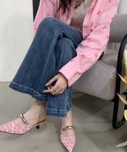 French temperament leopard print pointed high heels for women in spring and summer fairy kitten heels Baotou half slippers