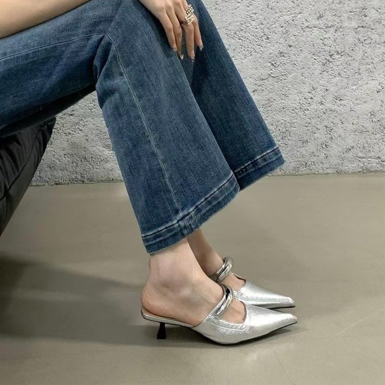 French temperament leopard print pointed high heels for women in spring and summer fairy kitten heels Baotou half slippers - Image 2