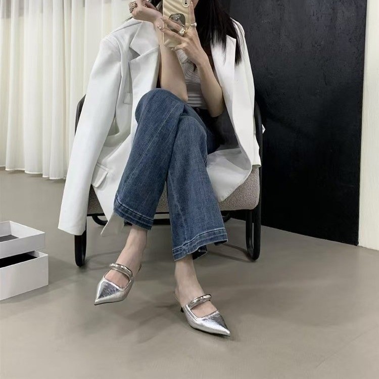 French temperament leopard print pointed high heels for women in spring and summer fairy kitten heels Baotou half slippers - Image 4