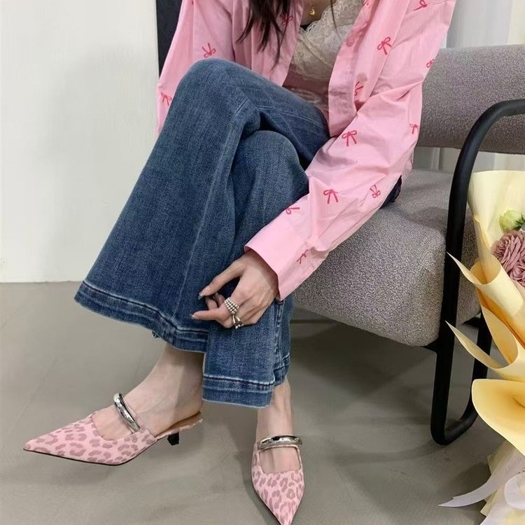 French temperament leopard print pointed high heels for women in spring and summer fairy kitten heels Baotou half slippers - Image 9