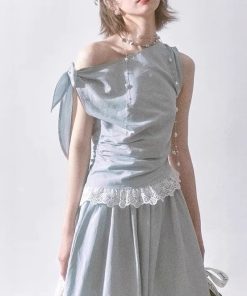 Feney Blue Breakfast Sleeveless Asymmetrical Lace Top + Long Skirt Set