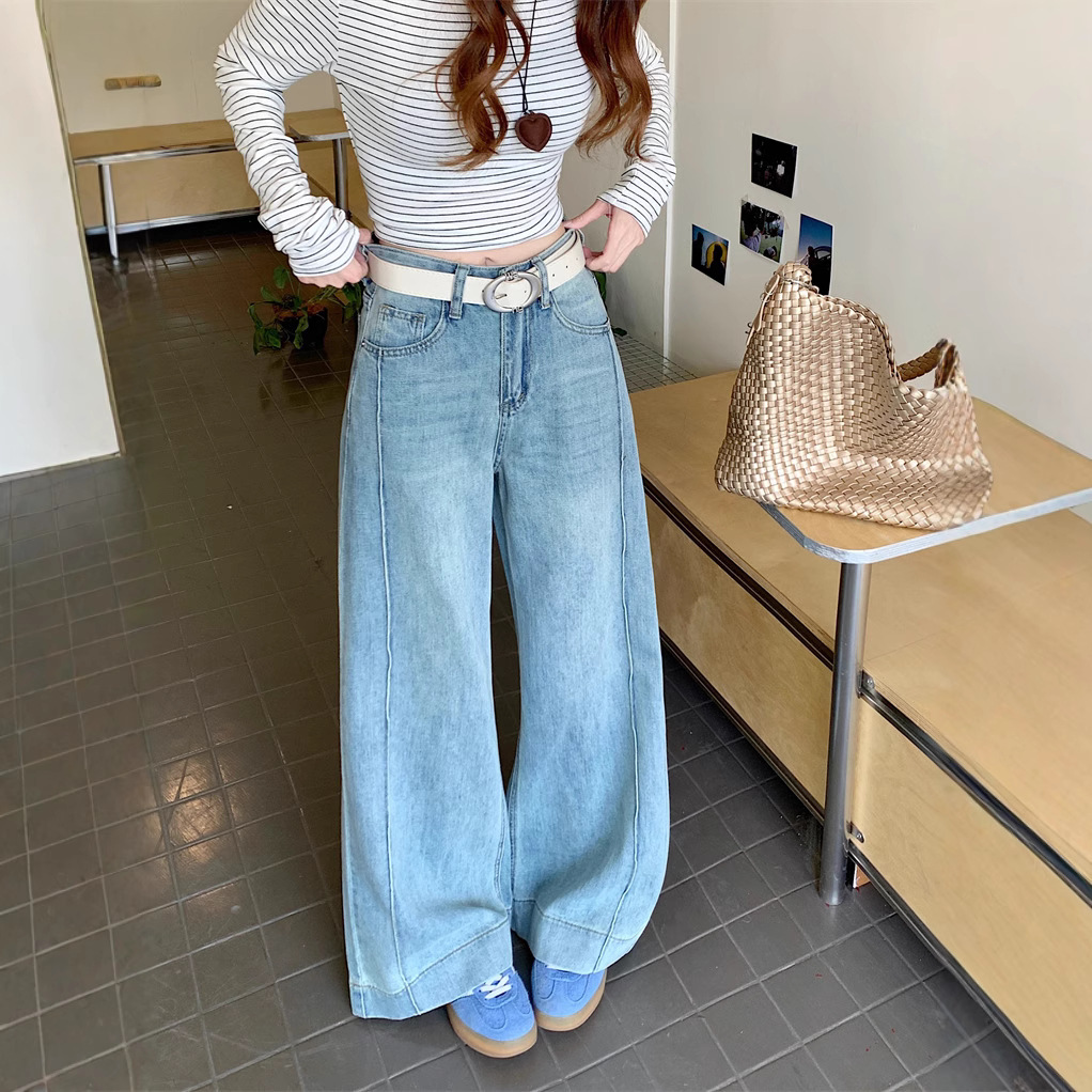 Real shot~Retro light-colored wide-leg jeans for women with high waist slim flip trousers - Image 4