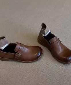Soft leather version ~ French retro simple small leather shoes for women's British style shallow mouth single shoes belt buckle one foot shoe