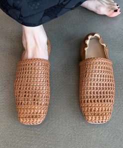 Soft leather version ~ Retro braided super soft leather single shoes for women simple square head hollowed out breathable flat mules
