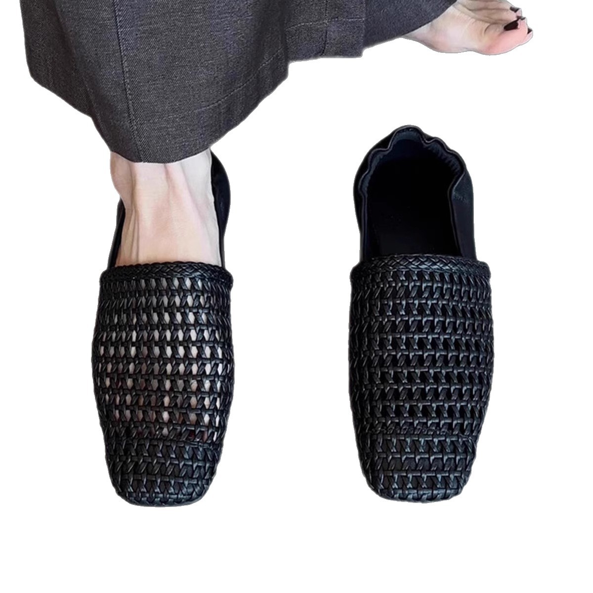 Soft leather version ~ Retro braided super soft leather single shoes for women simple square head hollowed out breathable flat mules - Image 5