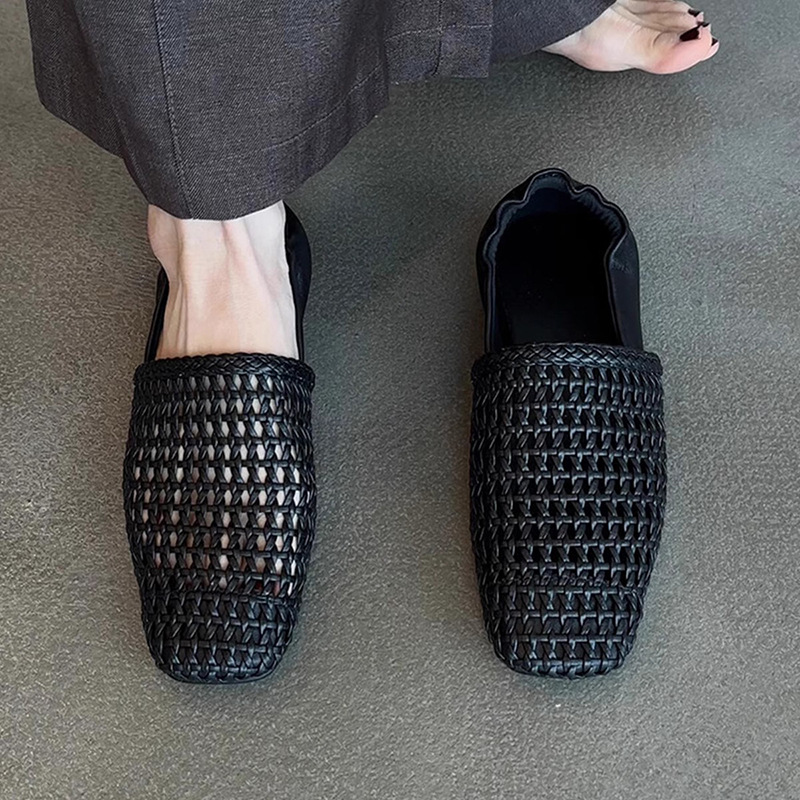 Soft leather version ~ Retro braided super soft leather single shoes for women simple square head hollowed out breathable flat mules - Image 8